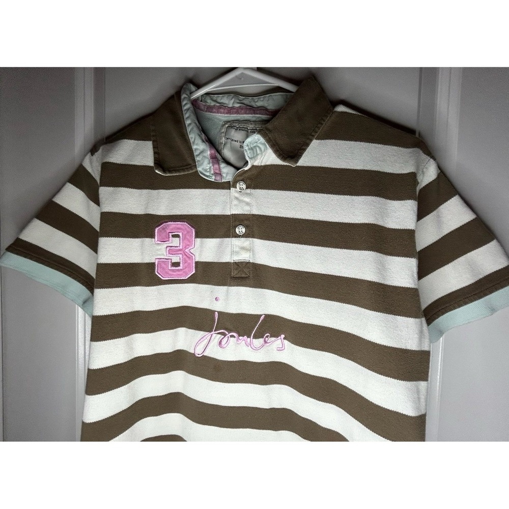 Vintage Y2k Joules Casual Embroidery Brown Pink White Striped Polo Shirt